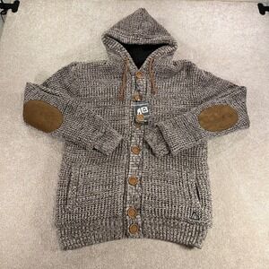 American Stitch Button Up Knit Hood Mens Medium Brown New Sherpa Lined Cardigan